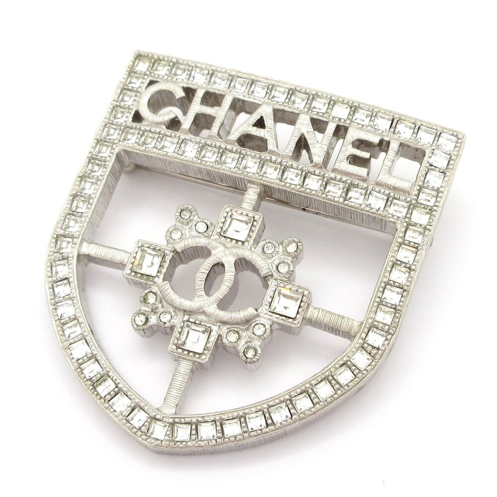 Chanel Brooch Silver Clear Hardware Rhinestones